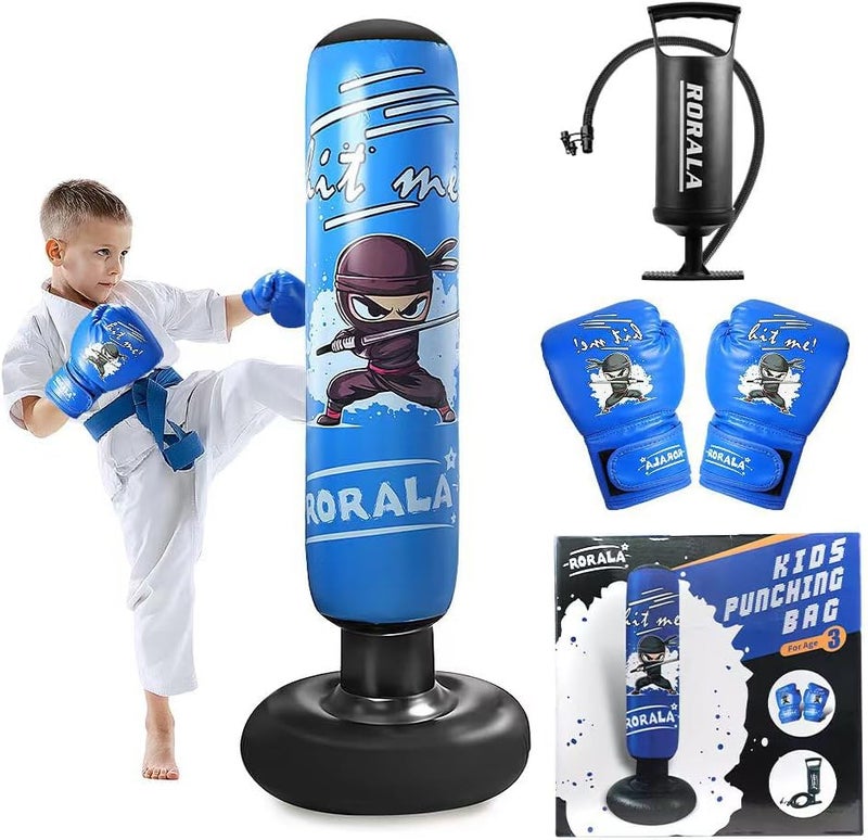 RORALA Inflatable Kids Punching Bag, 63 Inch Boxing Bag Toy with Gloves, Manual Air Pump, Great Gift for Boys Girls Age 3-12 - Image 1